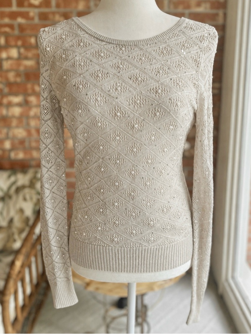 WHBM Beige Metallic Pearl Sequins Beige Pointelle Knit Top XS Quiet Luxury